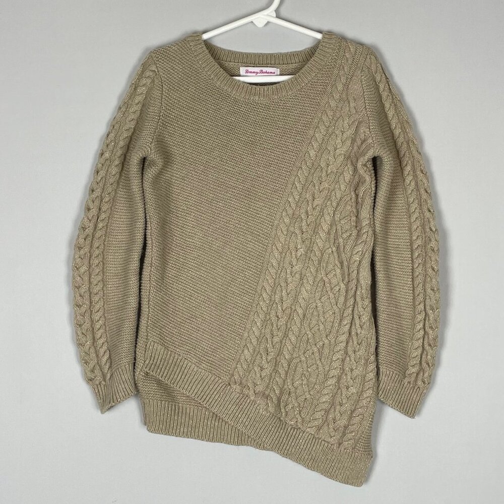 Tommy Bahama Cable Knit Asymmetric Hem Sweater Sz 7/8 Metallic Preppy Event